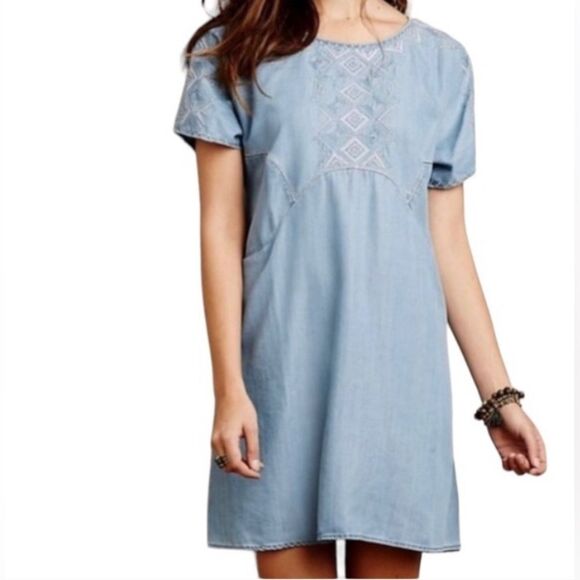 Anthropologie Holding Horses Embroidered Dress Denim Chambray Pockets Medium - Picture 14 of 14